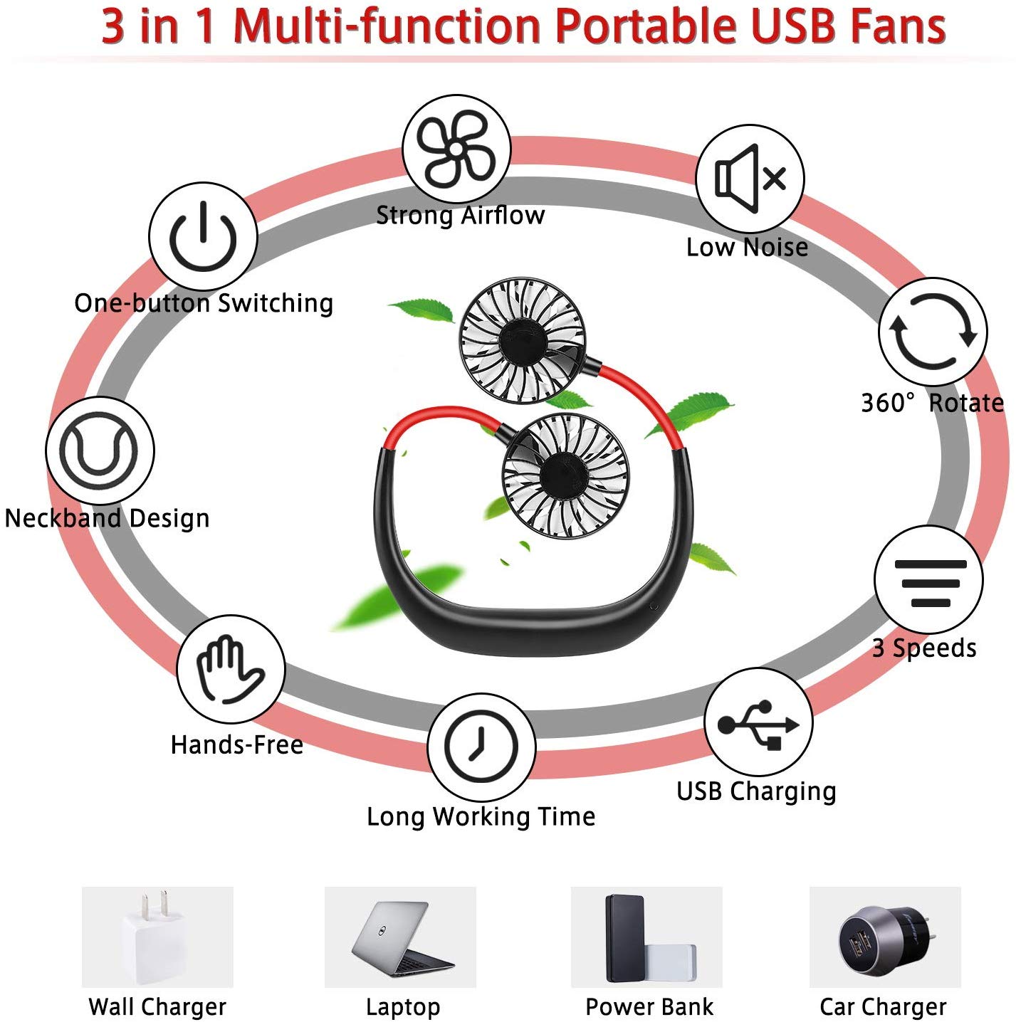 Neck Hanging Sport Fun 360° Portable USB Rechargeable Mini ventilateur portatif de bande de cou avec le refroidisseur d'air Rechargeable d'usb pour le bureau extérieur de voyage portatif beloccasion maroc