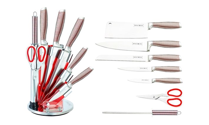 Set de 5 couteaux en Inox avec ciseau, fusil et support pivotant - rouge Royalty Line cuisine au maroc accessoire pour la cuisine vente en ligne beloccasion maroc