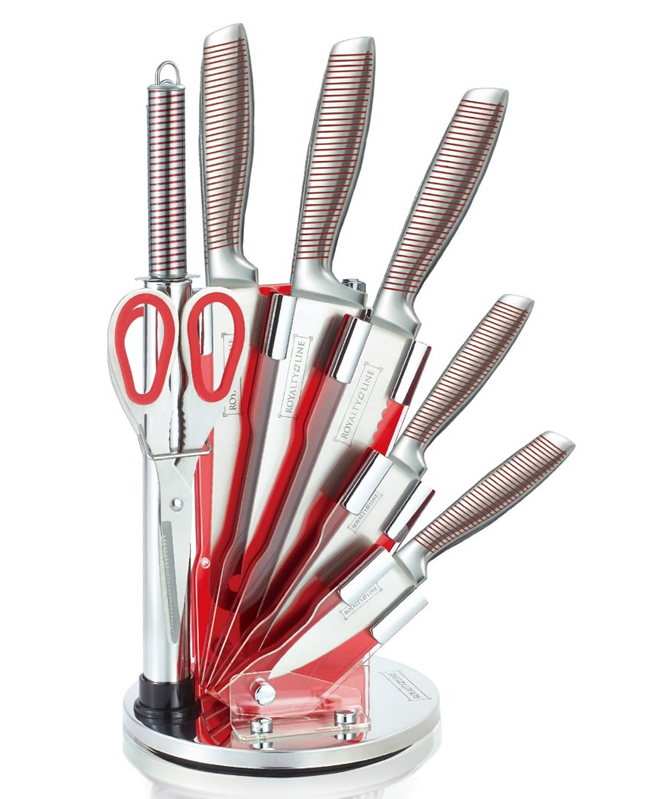 Set de 5 couteaux en Inox avec ciseau, fusil et support pivotant - rouge Royalty Line cuisine au maroc accessoire pour la cuisine vente en ligne beloccasion.com