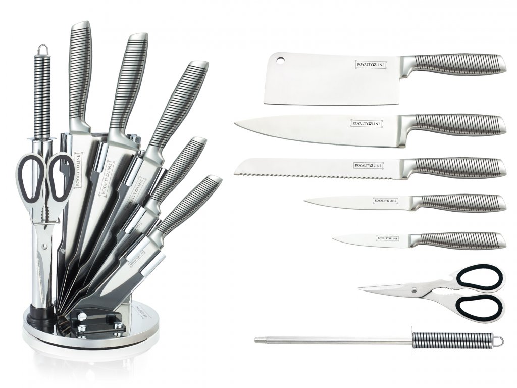 Set de 5 couteaux en inox avec ciseau, fusil et support pivotant - Royalty Line accessoire de cuisine maroc beloccasion.ùa