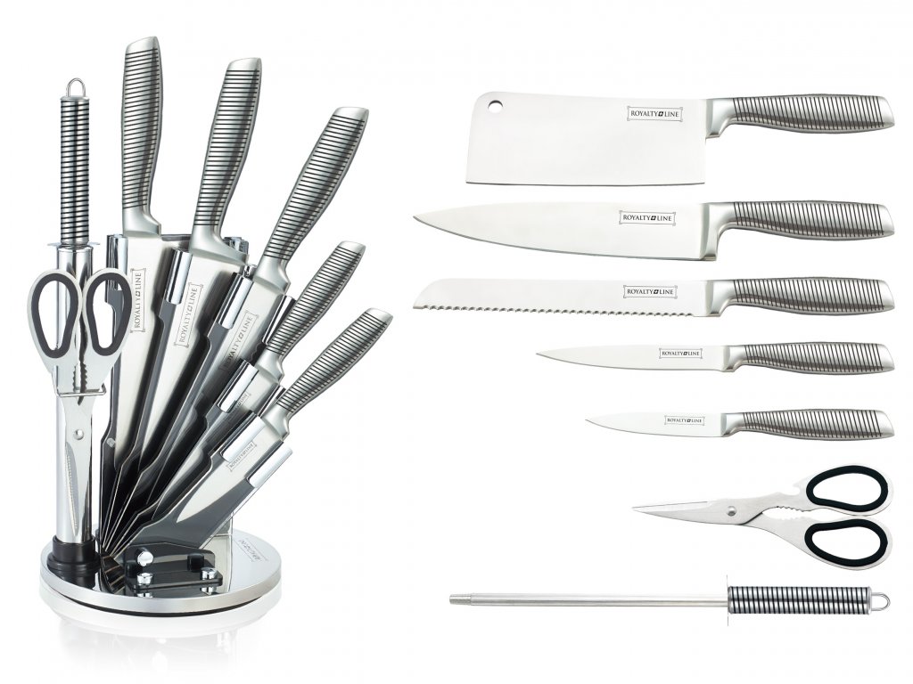 Set de 5 couteaux en Inox avec ciseau, fusil et support pivotant - Royalty Line cuisine au maroc accessoire pour la cuisine vente en ligne beloccasion maroc