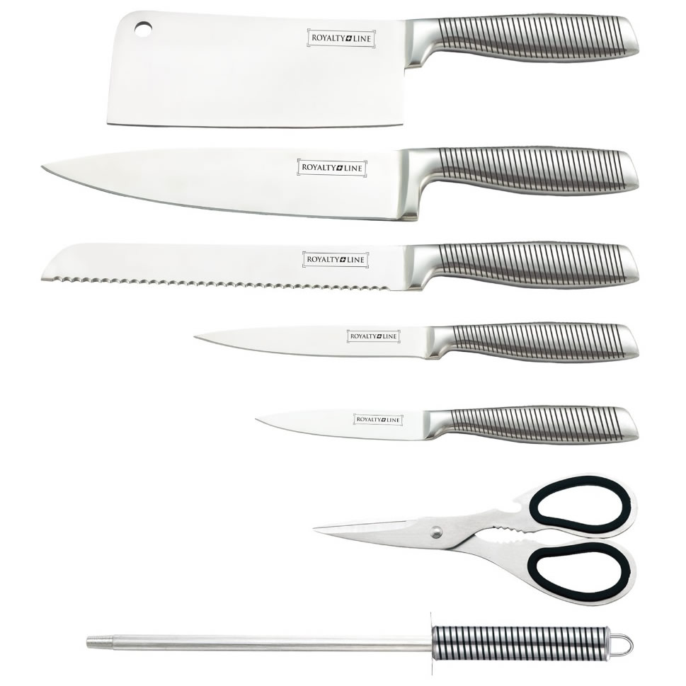 Set de 5 couteaux en inox avec ciseau, fusil et support pivotant - Royalty Line accessoire de cuisine maroc beloccasion.ùa