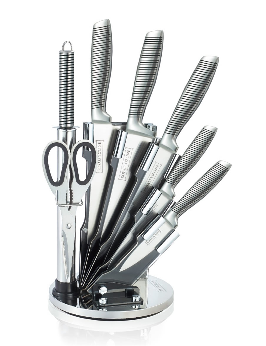 Set de 5 couteaux en Inox avec ciseau, fusil et support pivotant - Royalty Line cuisine au maroc accessoire pour la cuisine vente en ligne beloccasion maroc