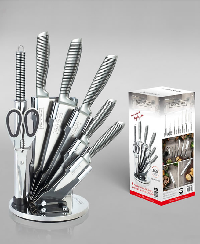 Set de 5 couteaux en Inox avec ciseau, fusil et support pivotant - Royalty Line cuisine au maroc accessoire pour la cuisine vente en ligne beloccasion maroc