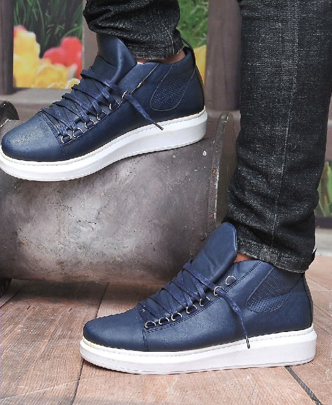 Chaussures Montantes à Semelle Blanche pour Homme - Bleu - Fashion hiver 2019