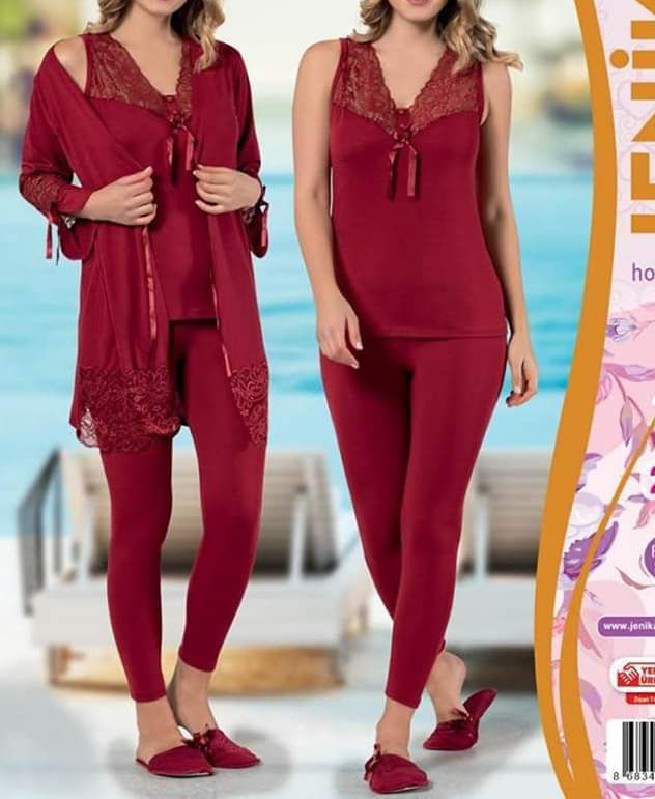 Pyjama de nuit Rouge avec dentelle 3 pièces femme - Jenika