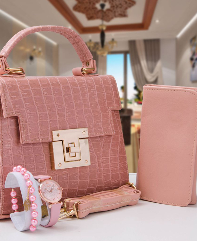 Sac à main bandoulière Croco femme 4 pieces Confectionné en cuir - Rose Bébé