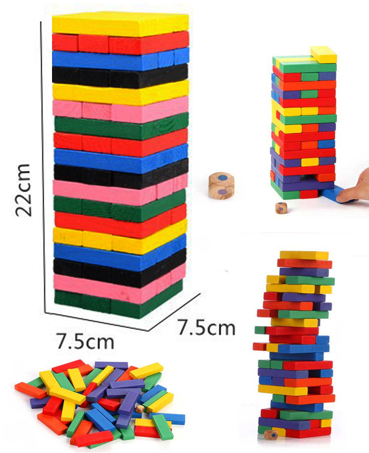 Jeu de Tour en bois coloré Jenga pour garçon et fille 54 pièces - Montessori