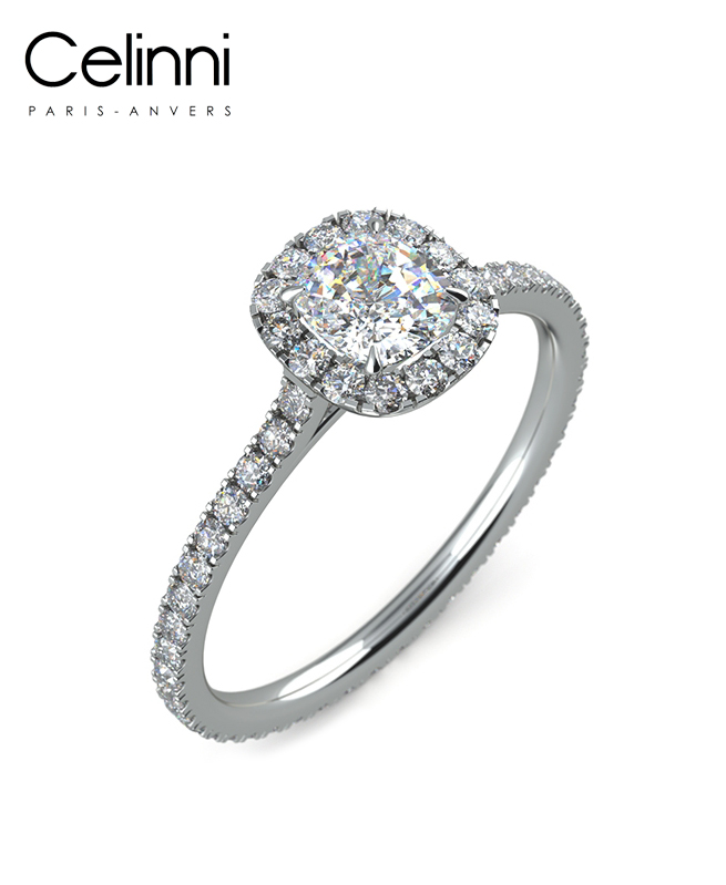 Bague Solitaire Diamant taille Coussin MA VIE Or Blanc 800/1000 1.10 Carat