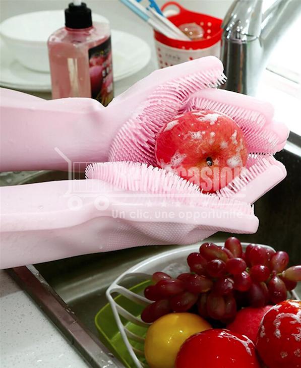 Gants de nettoyage vaisselle en silicone avec brosse réutilisables